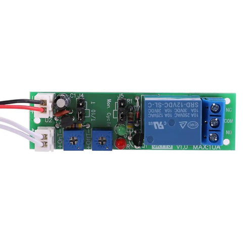 Delay Relay Module DC 12V With 0 To 120 Minute Adjustable Timer On Off Delay Timing Switch Module Board for industrial control, shown top view.