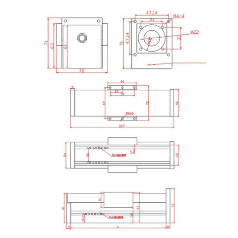 Technical drawing of Full Enclosed Actuator Aluminum Sliding Table With 155mm Stroke High Precision Screw Drive for CNC robotics.