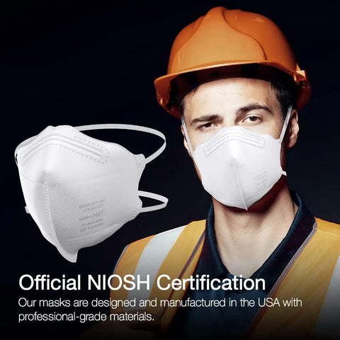Construction worker wearing NIOSH Certified N95 Particulate Respirator Mask Pack of 30 Made in USA with Dual Headbands and Adjustable Nose Clip