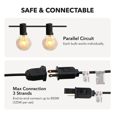50ft Outdoor String Lights With 52 G40 Bulbs Incandescent Warm White 2200K showing connectable plugs and parallel circuit