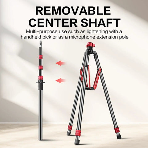 Pro Grade Aluminum Light Stand and Tripod with removable center shaft for photography, shown extended and separated