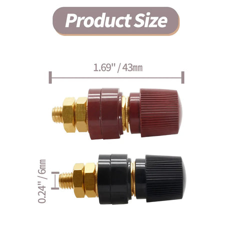 Solid 1/4 Inch Copper Battery Terminal Studs In Red And Black, Heavy Duty Cable Connectors dimensions 1.69 inches and 0.24 inches.