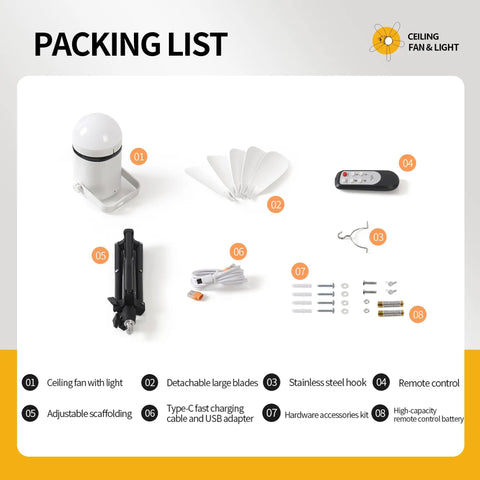 Packing list of 21 Inch Ceiling Fan With Light Go-To Outdoor Powerhouse With 21600mAh Rechargeable Battery USB C Fast Charge DC Brushless Quiet Motor Remote Control And Three Installation Modes For Gazebo Patio Camping Tent Garage RV Emergency Use, including fan, blades, remote, and accessories.
