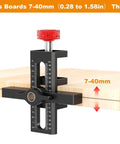 Cabinet Door Mounting Jig With Quick Edge Positioner for boards 7-40mm thick, pro grade aluminum tool, installed on wood