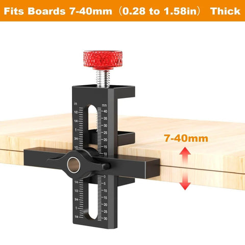 Cabinet Door Mounting Jig With Quick Edge Positioner for boards 7-40mm thick, pro grade aluminum tool, installed on wood