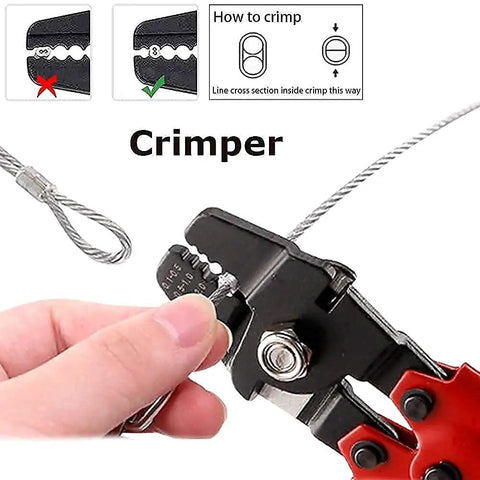 Wire Rope Crimping Tool Up To 2.2mm Swager Crimper With Cutting Function demonstrated in use with wire cable.