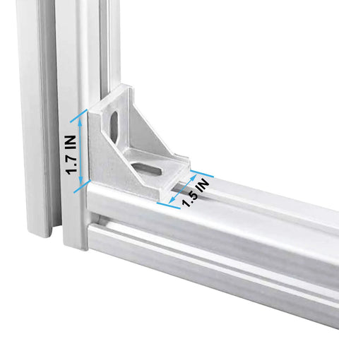 Close-up of 1.5 inch aluminum extrusion corner bracket with T nuts and bolts, 90 degree connector for profile rails, used in 3D printers.