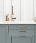 Gold Brushed Brass Cabinet Pulls With Screwdriver Included For Easy Install Six And A Quarter Inch Hole Center Six And Three Quarters Inch Overall Length Half Inch Wide Twenty Five Pack Slick Kitchen Cabinet Handles on grey cabinets