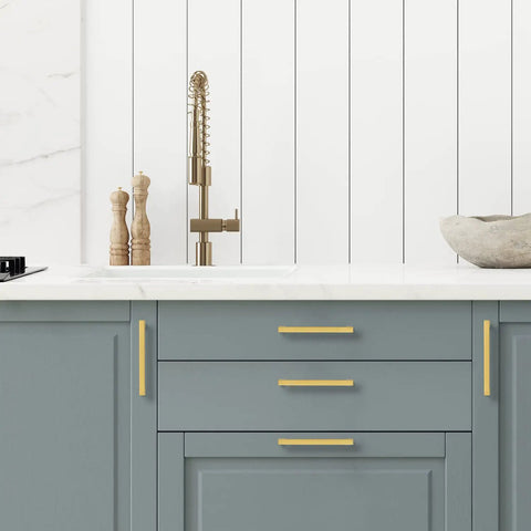 Gold Brushed Brass Cabinet Pulls With Screwdriver Included For Easy Install Six And A Quarter Inch Hole Center Six And Three Quarters Inch Overall Length Half Inch Wide Twenty Five Pack Slick Kitchen Cabinet Handles on grey cabinets