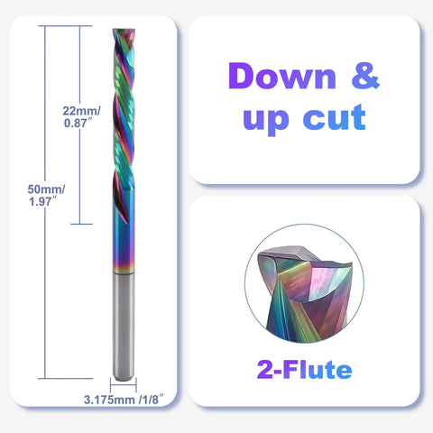 Five Pack One Eighth Inch Shank Compression Router Bits With Two Flute Up And Down Cut End Mills Pro Grade Solid Carbide With DLC Coating