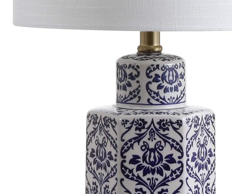 Blue And White Ginger Jar Ceramic LED Table Lamp With Hex Damask Pattern White Linen Shade Brass Accents Includes LED Bulb ETL Listed About 24 Inch Tall Modern Rustic Corner Accent Light