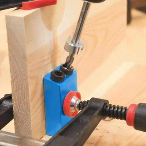Hardcore 15 Piece Pocket Hole Jig Kit Built Like A Rock With Tough Aluminum Alloy drill bit in use on wood.