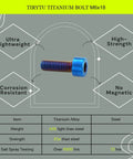 M6x18 Titanium Bolts Four Pack, Aerospace Grade Titanium For Ultra Lightweight Strength, Rust Proof, Burnt Blue, Bolt Details