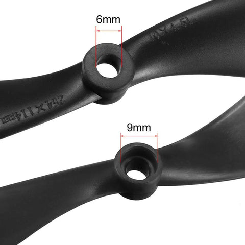 Close-up of 10x4.5 Inch RC Propellers 2 Vane Nylon Black CW CCW Fixed Wing For Airplane, with 6mm and 9mm shaft diameters