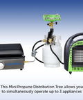 Three Port Propane Distribution Tree For Camping Connects Three One Pound Appliances To A Standard BBQ Tank Grillin Ready Safe Easy Setup Black And Gold with attached appliances.