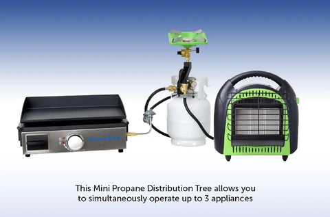 Three Port Propane Distribution Tree For Camping Connects Three One Pound Appliances To A Standard BBQ Tank Grillin Ready Safe Easy Setup Black And Gold with attached appliances.
