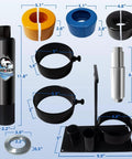 HKTE carrier and pinion bearing puller kit laid out with clamshell adapters for Dana 30–80 and Ford 8.8–10.25 axles