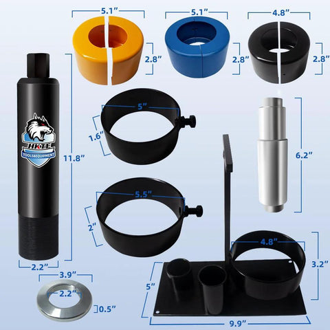 HKTE carrier and pinion bearing puller kit laid out with clamshell adapters for Dana 30–80 and Ford 8.8–10.25 axles
