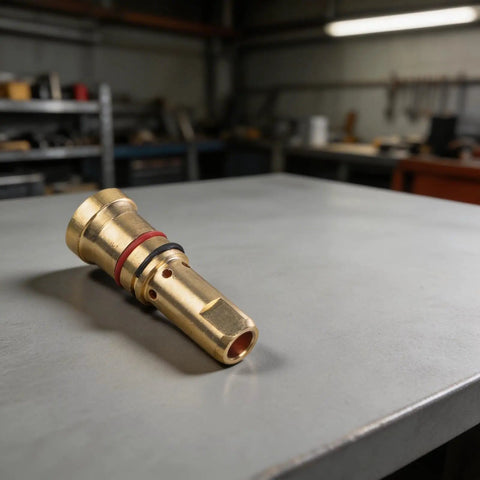 Copper Gas Diffuser Nozzles For MIG Welding Guns 4335 Style on a workshop table, showing detailed construction