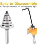 Rabbeting Router Bit Set With Interchangeable Bearings And Four Carbide Bits One Quarter Inch Shank Six Bearing Sizes shown with hex wrench
