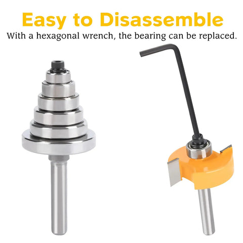 Rabbeting Router Bit Set With Interchangeable Bearings And Four Carbide Bits One Quarter Inch Shank Six Bearing Sizes shown with hex wrench