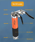 Pro Grade Heavy Duty 9000 PSI Grease Gun Kit With Quick Release Coupler, Leak Proof 14oz Canister, includes labeled parts.