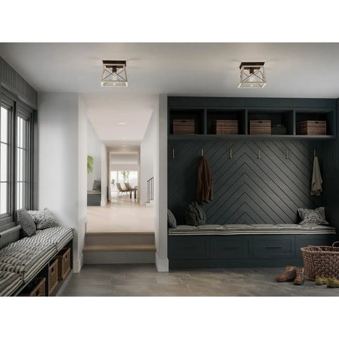 Dope Modern 1 Light Ceiling Flush Mount In Graphite Finish in hallway setting, 9.5x9.5 inch, illuminating entryway space.