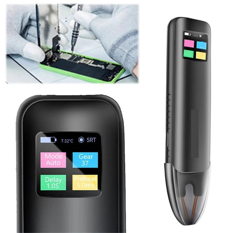 Portable Spot Welder With 99 Adjustable Weld Speeds And 1.3 Inch Color Screen shown in use for DIY electronics repair.