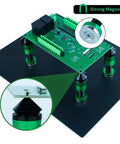 ESD Safe Soldering Helping Hand For PCB Board Holder Magnetic Tower Fixture Clamp Metal Stand Green 4 Pack, four magnetic pillars supporting a PCB.