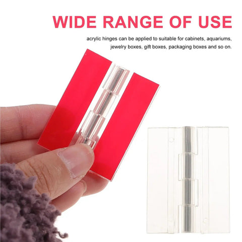 Close-up of 5 Pack Self Adhesive Piano Hinges for Clear Acrylic Flush Mount Cabinet Doors and Glass Projects, in hand view