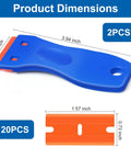 Two Pack Plastic Razor Blade Scraper dimensions with twenty replacement blades for sticker decal label removal on car windows and glass.