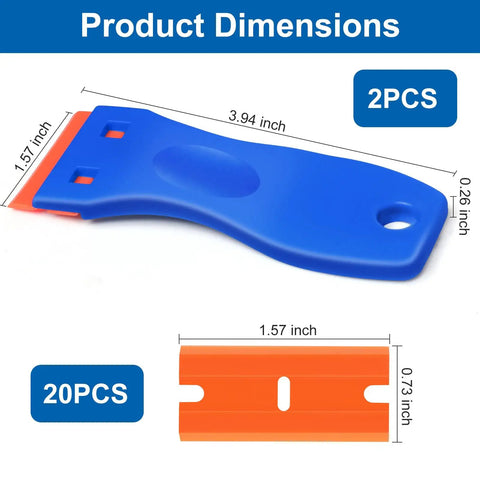 Two Pack Plastic Razor Blade Scraper dimensions with twenty replacement blades for sticker decal label removal on car windows and glass.