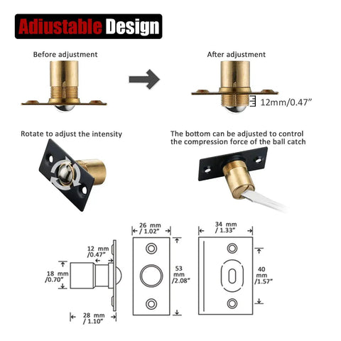 Diagram and specifications for Stainless Steel Closet Door Ball Catch Hardware 2 Pack Adjustable with Strike Plate Black Finish