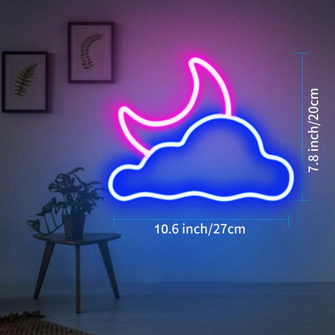 Cloud And Moon LED Neon Sign For Wall Decor USB Powered Neon Light With Adjustable Brightness, 10.6x7.8 inch, on wall