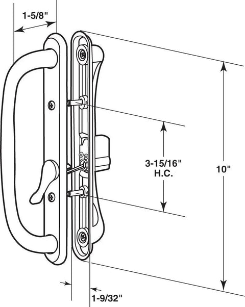 White Diecast Keyed Sliding Patio Door Handle Set With 10 Inch Pull Reversible For Left Or Right Sliding Doors Dimensions