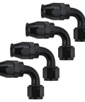 10AN PTFE Hose End Fitting 90 Degree Black Aluminum 6061 T6 Race Ready Set For PTFE Fuel Line Seven Eighth Inch 14 UNF Thread High Pressure 1500 PSI 252 Degree F Temp Range 4 Pack, 4 black 90° fittings