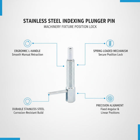 Heavy Duty Stainless Steel Indexing Plunger Pin With Spring Loaded L Handle Lock Down Bracket For Robust Machinery Fixtures And Foolproof Precision Machining Alignment, detailed view with ergonomic design.