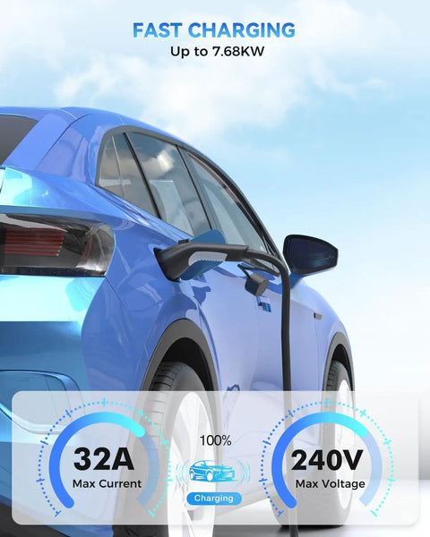Electric vehicle fast charging with Heavy Duty 21Feet J1772 EV Charger Extension Cord 32 Amp SAE J1772 Extension Cable in use