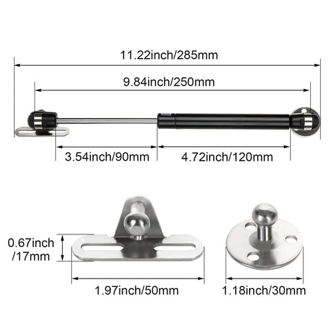 10 Pack 10 Inch Gas Struts For Cabinets 100N 22.5 Lbs Heavy Duty Lid Support dimensions and fittings diagram