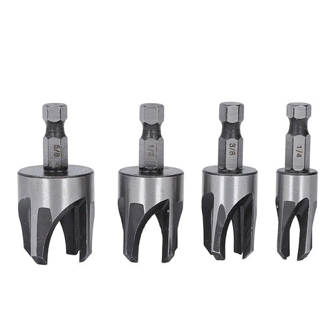 Top Tier Carbon Steel Tapered Plug Cutter Set Of Four With Hex Shank Handles, showing 1/4, 3/8, 1/2, 5/8 inch sizes.