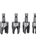 No Sweat Wood Dowel Drill Set With Tapered Plug Cutter Bits Slick Hex Shaft Claw Design, four sizes for carpentry projects.