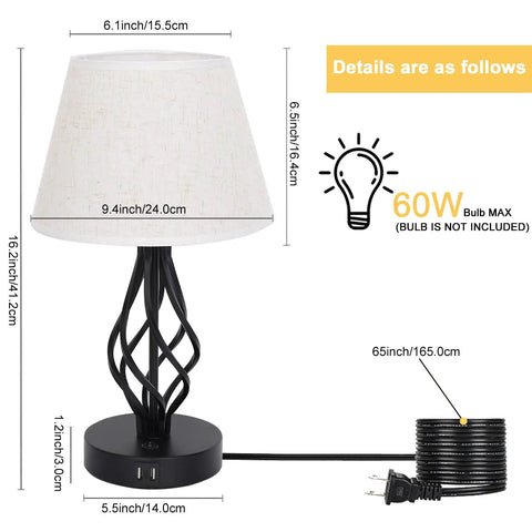 Set Of 2 Bedside Table Lamps With Dual USB Ports, Modern Nightstand Lamps With Spiral Cage Design, size and specifications chart