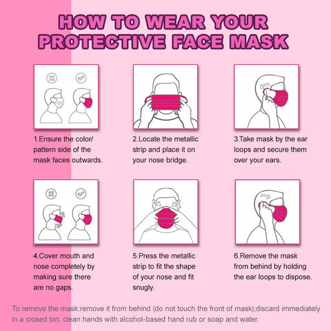 Infographic showing steps to wear 100 Pack 3 Ply Disposable Face Masks For Adults Men Women Multicolor with illustrations.