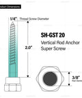 Pro Grade Wood Screw Swivel Threaded Rod Anchor For Wood, 20 3/8 Inch, 17 Degree Off Vertical Install, Steel With Electro Zinc Coating