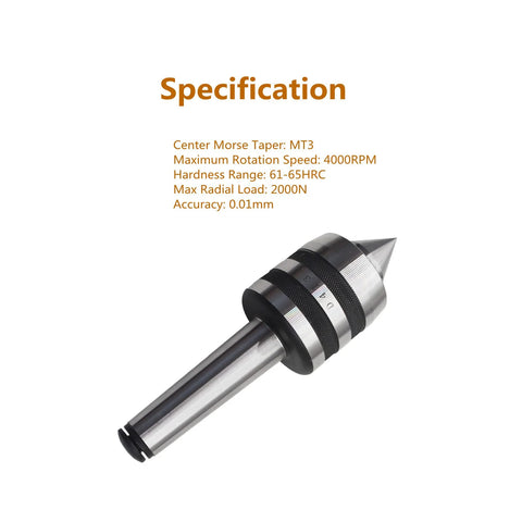 MT3 live tailstock center with 3MT taper; silver metal body with knurled collar for CNC turning.
