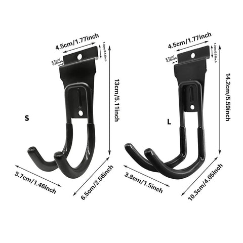 Heavy Duty Steel J Hooks For Hanging Garden Hose And Tools Easy Install Garage Storage For Shed And Workshop Wall Space Saving Organizer For Tools And Gear, various sizes, black steel, dimensions labeled