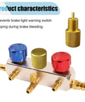 Shop Grade Brake Proportioning Valve Bleeder Tool For Non Adjustable Combination Valves with blue, red knobs and gold adapter.