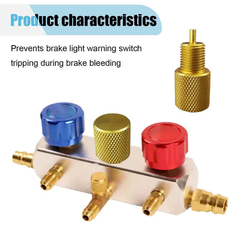 Shop Grade Brake Proportioning Valve Bleeder Tool For Non Adjustable Combination Valves with blue, red knobs and gold adapter.