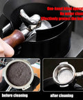 Smooth Sailing Electric Portafilter Knock Box Stand with portafilter and cleaning process, showcasing before and after espresso cleanup.
