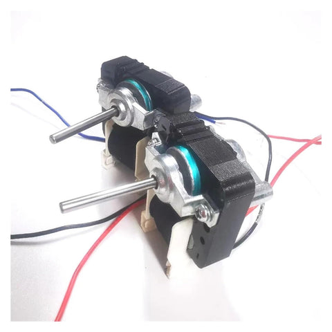 Shaded Pole Motor 220V 12W and 15W for Small Electric Fans and Exhaust Vents Runs Butter Smooth With Silent Operation and Overheat Protection Zero Extra Drama Installation Day One, view of two motors with shafts and wires.
